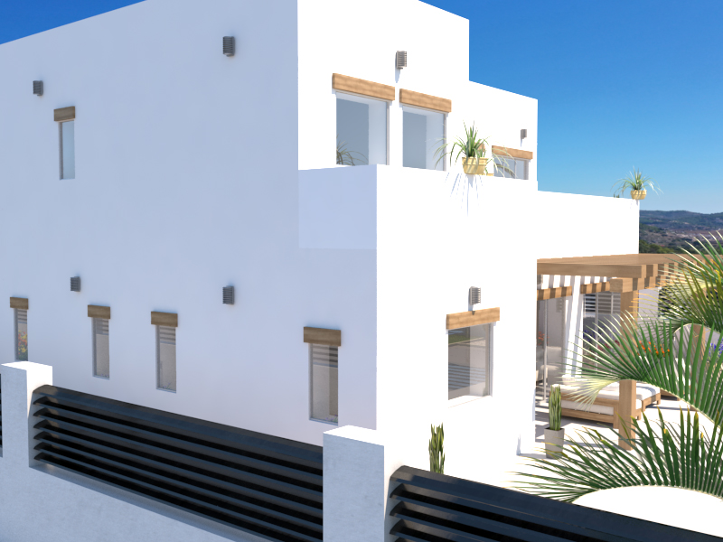 Exterieurimpressie van de moderne villa met witte gevel, houten lateien boven de ramen en een houten pergola boven het terras.