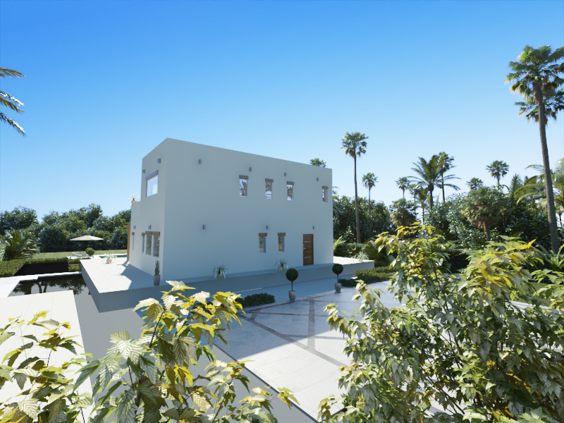 Exterieurimpressie van de moderne villa met witte gevel, minimalistische vensters en een geplaveide oprit omgeven door palmbomen en weelderig groen.