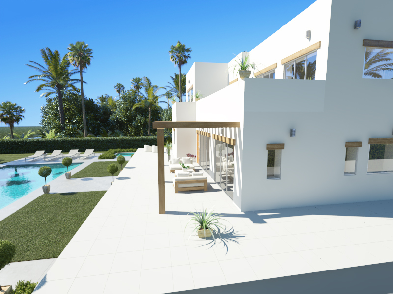 Externe weergave van de moderne witte villa met een ruim betegeld terras, houten pergola en zwembad omgeven door een verzorgde tuin met palmbomen.