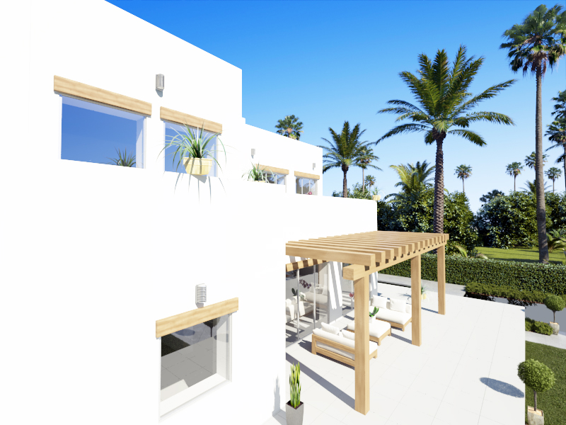 Moderne witte gevel met houten details, een houten pergola boven het terras met loungebanken en een tuin met palmbomen en strakke hagen.