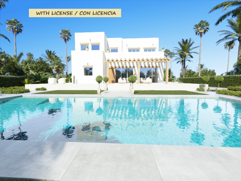 Moderne witte villa met twee verdiepingen, een groot turquoise zwembad en een terras met houten pergola, omgeven door een tuin met palmbomen.
