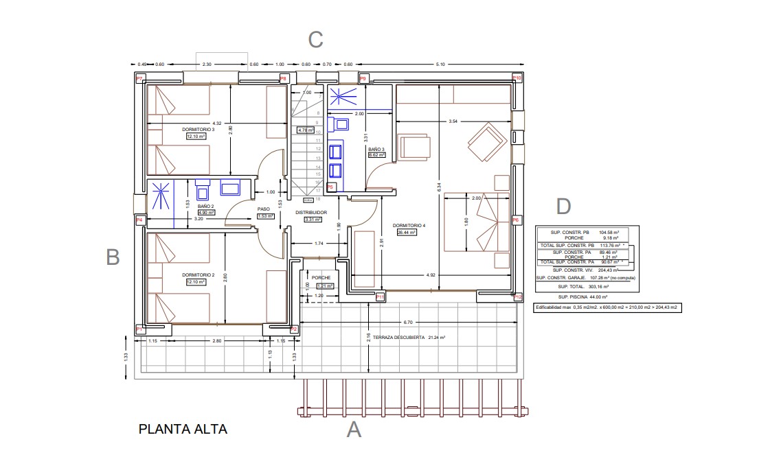 Technische plattegrond van de bovenverdieping met drie slaapkamers, twee badkamers en een open terras van 21 m² bereikbaar vanuit de hoofdslaapkamer.