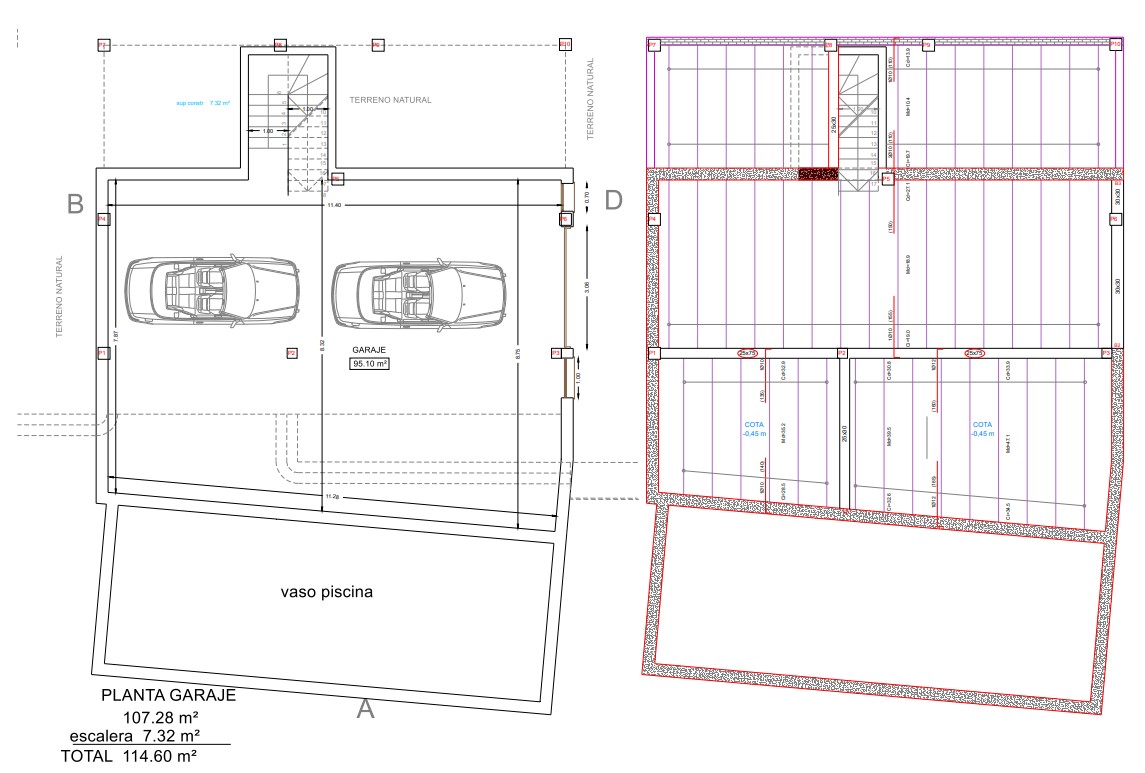 Technische plattegrond van het souterrain met een ruime garage van 95 m², trapopgang en de structurele indeling van het zwembad.