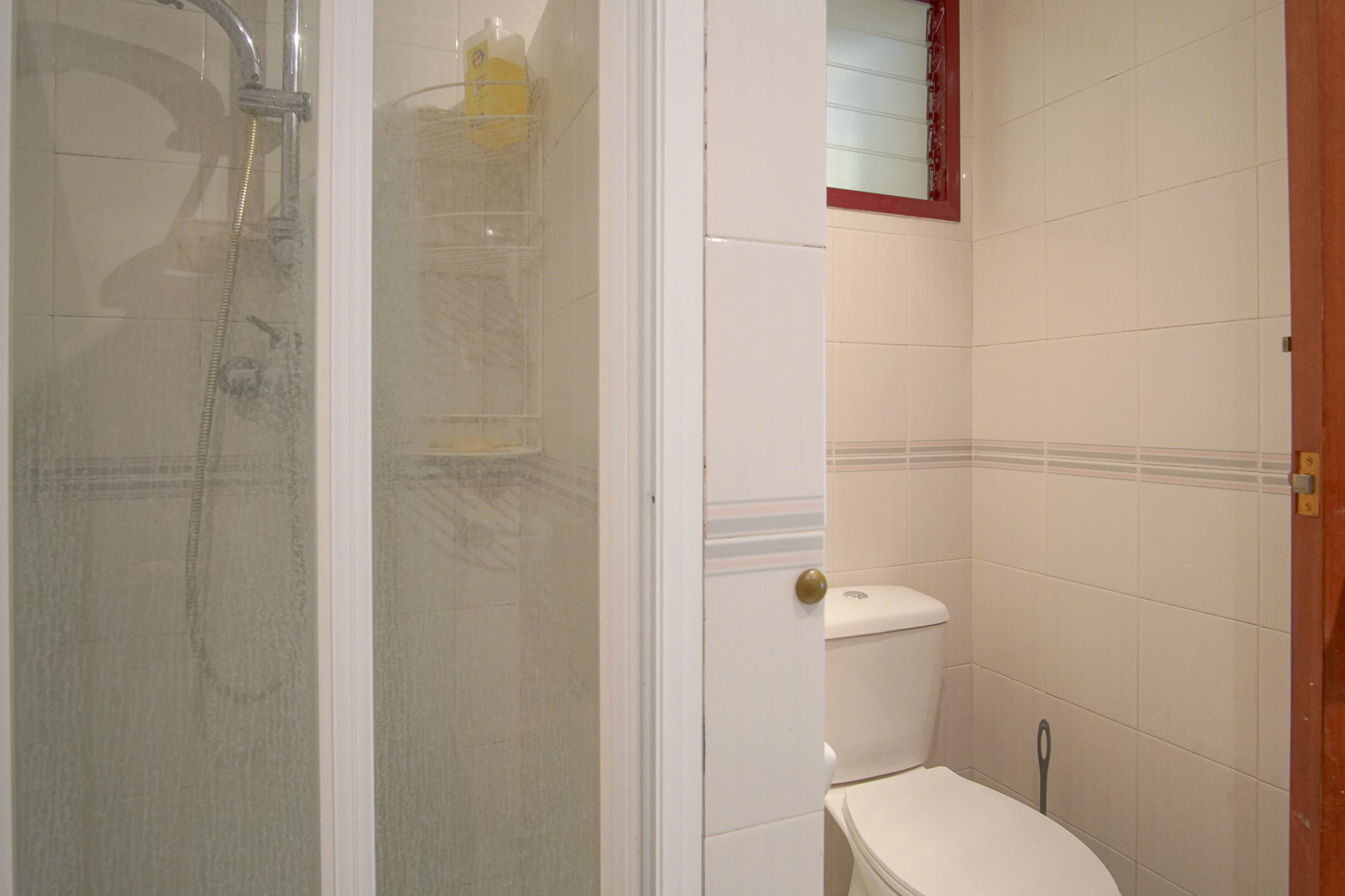 Functionele badkamer met wit betegelde wanden, een glazen douchewand, toilet en een hooggeplaatst ventilatieraam met rood kozijn.