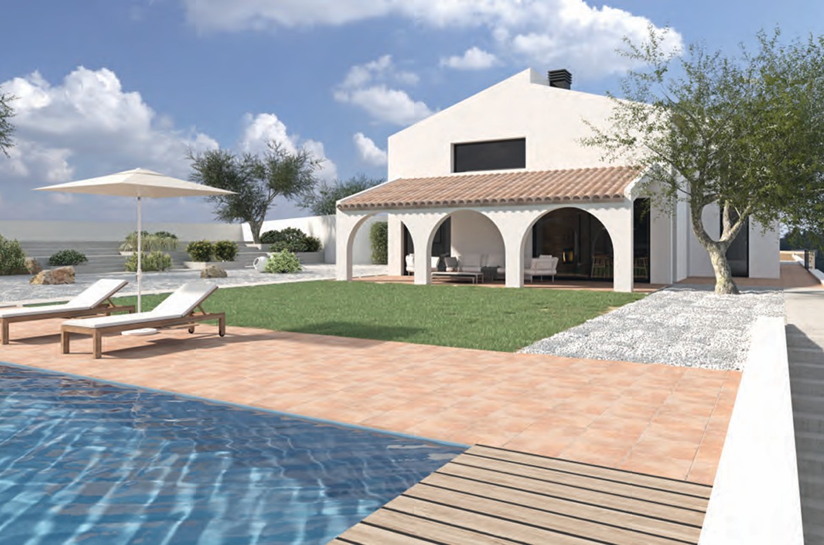 Exterieur van het zwembad en terracotta zonneterras, met de traditionele overkapte veranda met bogen en een aangelegde mediterrane tuin.