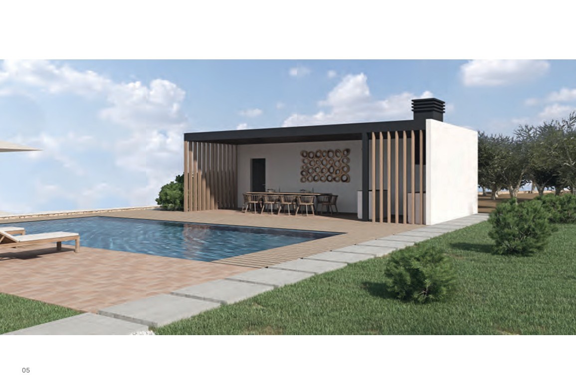 Modern overdekt buiteneetgedeelte met verticale houten lamellen, buitenkeuken en grote tafel, gelegen naast het zwembad en het zonneterras.