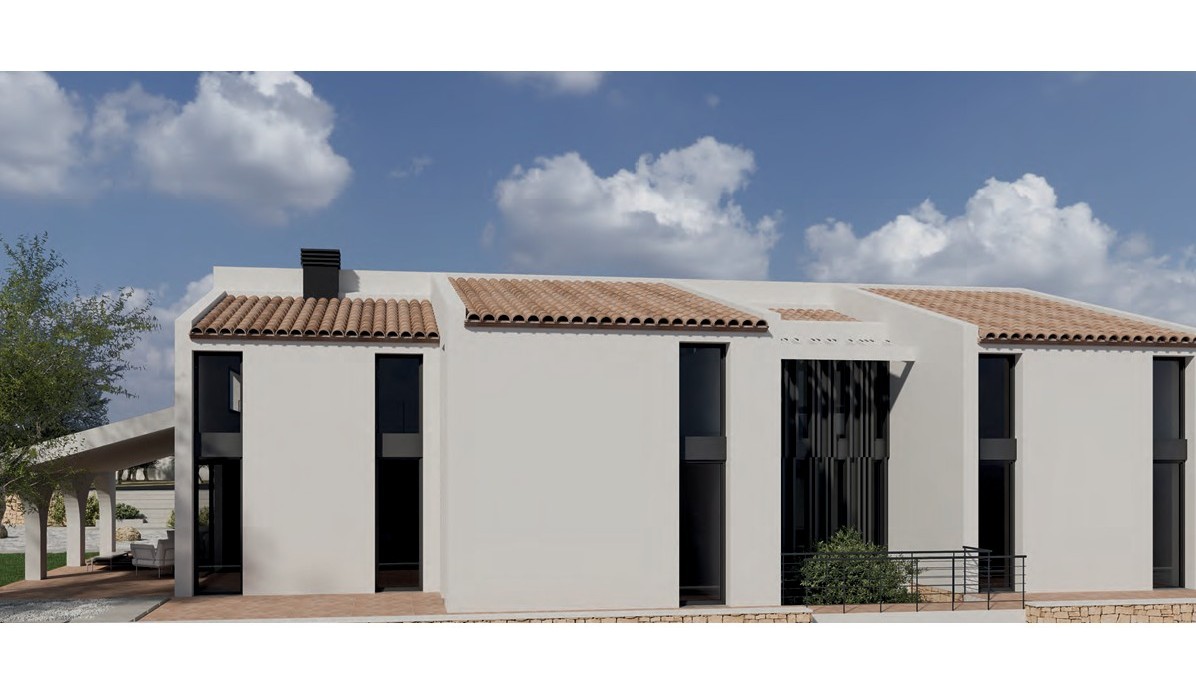 Moderne exterieurgevel in finca-stijl met witte muren, traditionele terracotta pannendaken en hoge verticale ramen met donkere kozijnen.