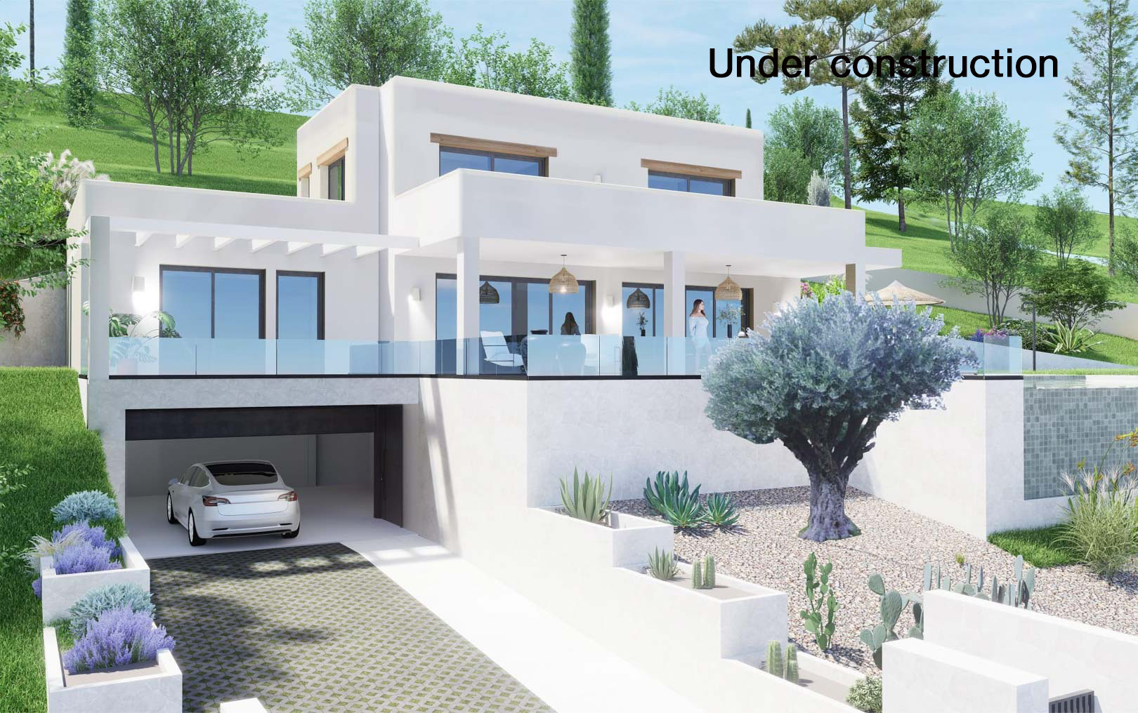 Buitenaanzicht van de moderne villa met witte gevel, ruime terrassen met glazen balustrades, mediterrane tuin en een geïntegreerde dubbele garage in het souterrain.