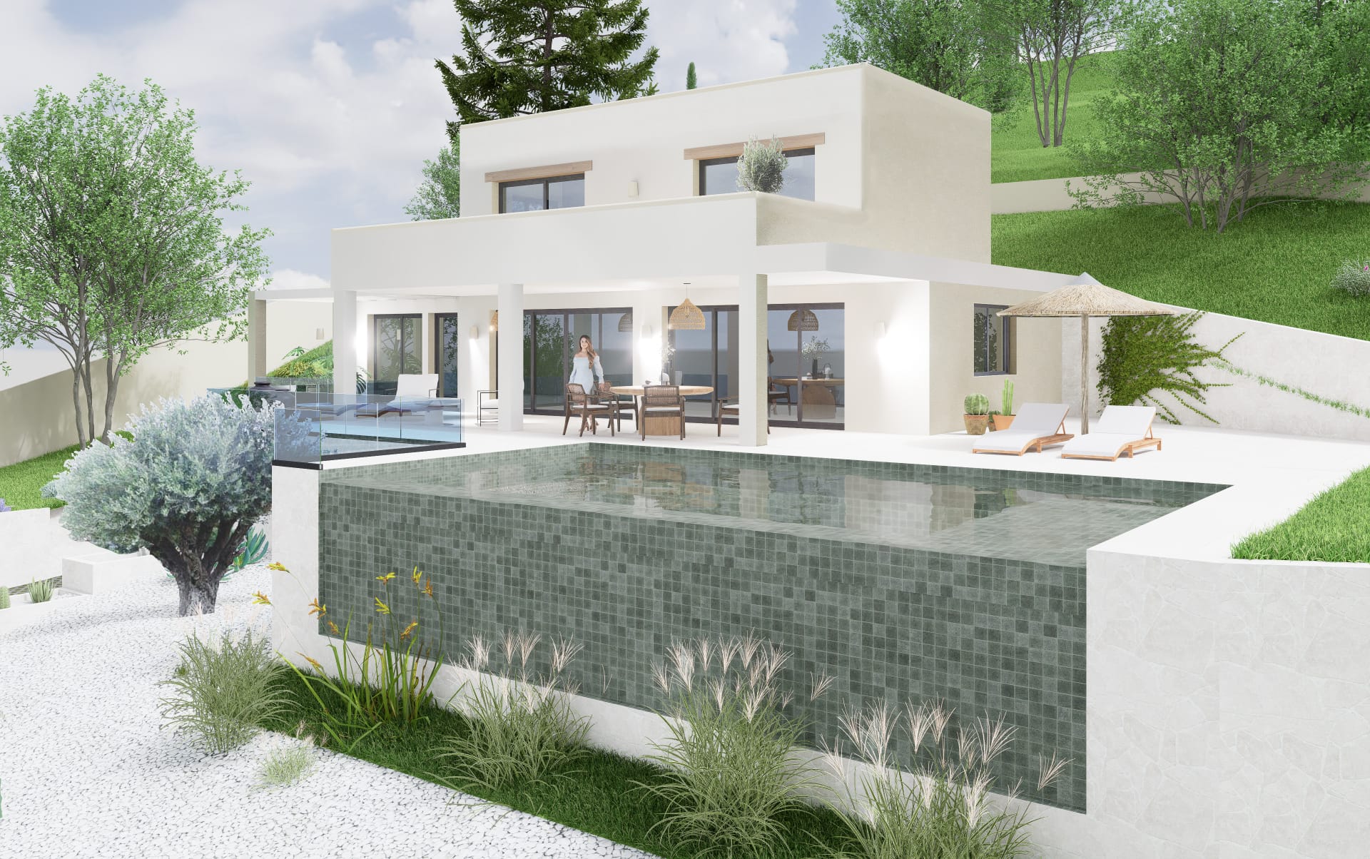 Buitenaanzicht van de villa met een infinity pool van groene mozaïek en een wit terras. De moderne architectuur beschikt over een overdekte veranda en een aangelegde tuin.