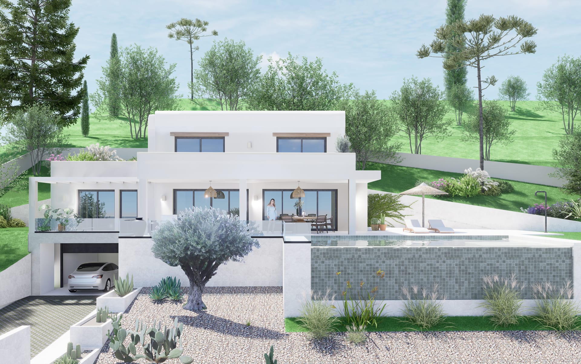 Exterieur van de moderne villa met witte gevel, grijs mozaïek overloopzwembad, mediterrane tuin met olijfboom en geïntegreerde garage in het souterrain.