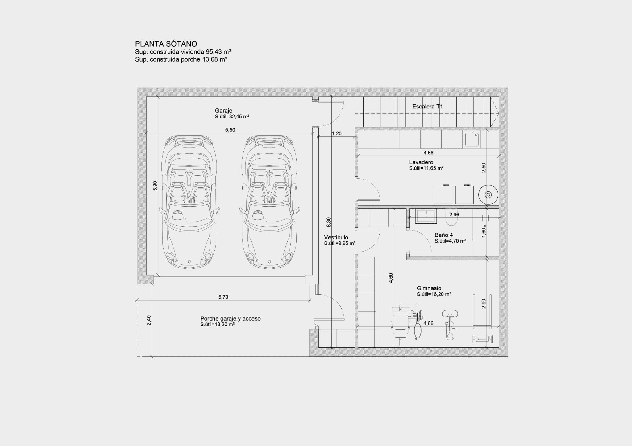 Gedetailleerde plattegrond van het souterrain met een dubbele garage, privé fitnessruimte, wasruimte, badkamer en hal.