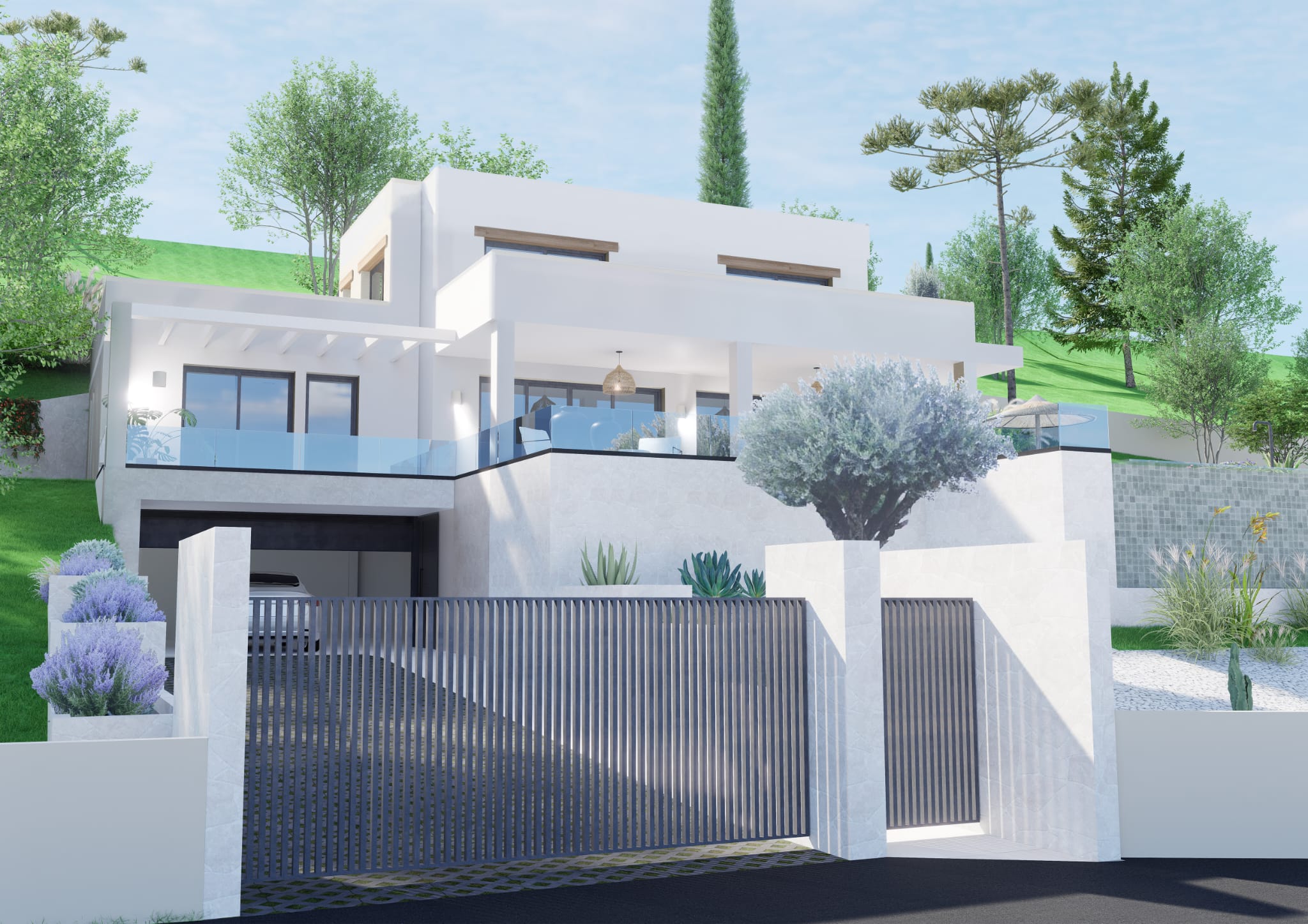 Moderne villa met een grijs lamellenhek, natuurstenen muren en toegang tot de dubbele garage. Voorzien van glazen balustrades op de terrassen en een mediterrane tuin.