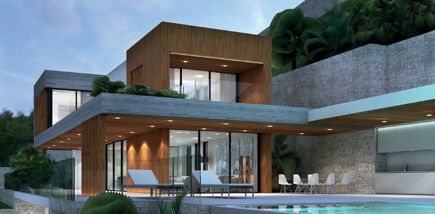 Buitenaanzicht van de villa met hout- en betonafwerking, ruime terrassen, zwembad en een buiten-eethoek onder een architectonisch overstek.