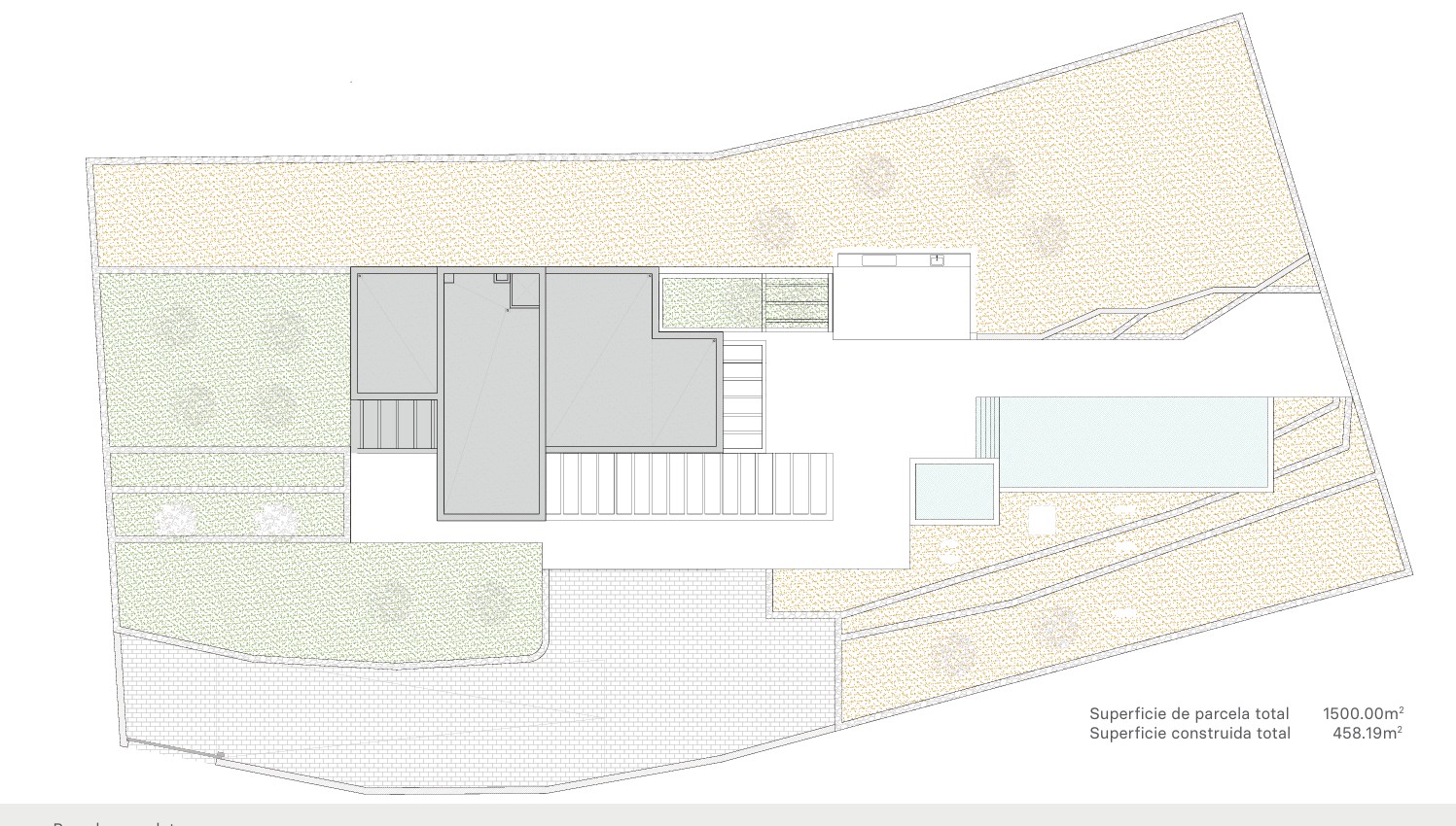 Gedetailleerd inplantingsplan van het perceel van 1500 m2 met de voetafdruk van de villa, de aangelegde tuinzones en het rechthoekige zwembad.