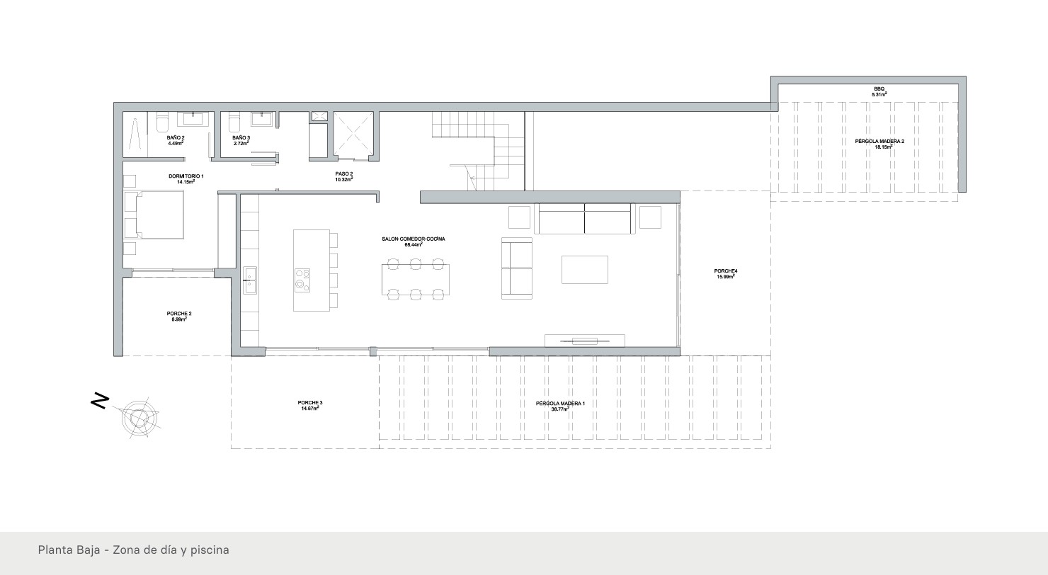 Technische plattegrond van de begane grond met een open woonkamer en keuken van 68m², een slaapkamer met badkamer, ruime veranda's en een barbecuezone.