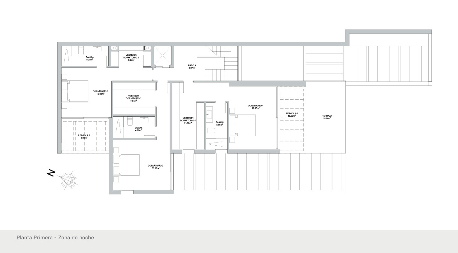 Technische plattegrond van de eerste verdieping met de nachtzone, bestaande uit drie slaapkamers met en-suite badkamers, inloopkasten en toegang tot terrassen.