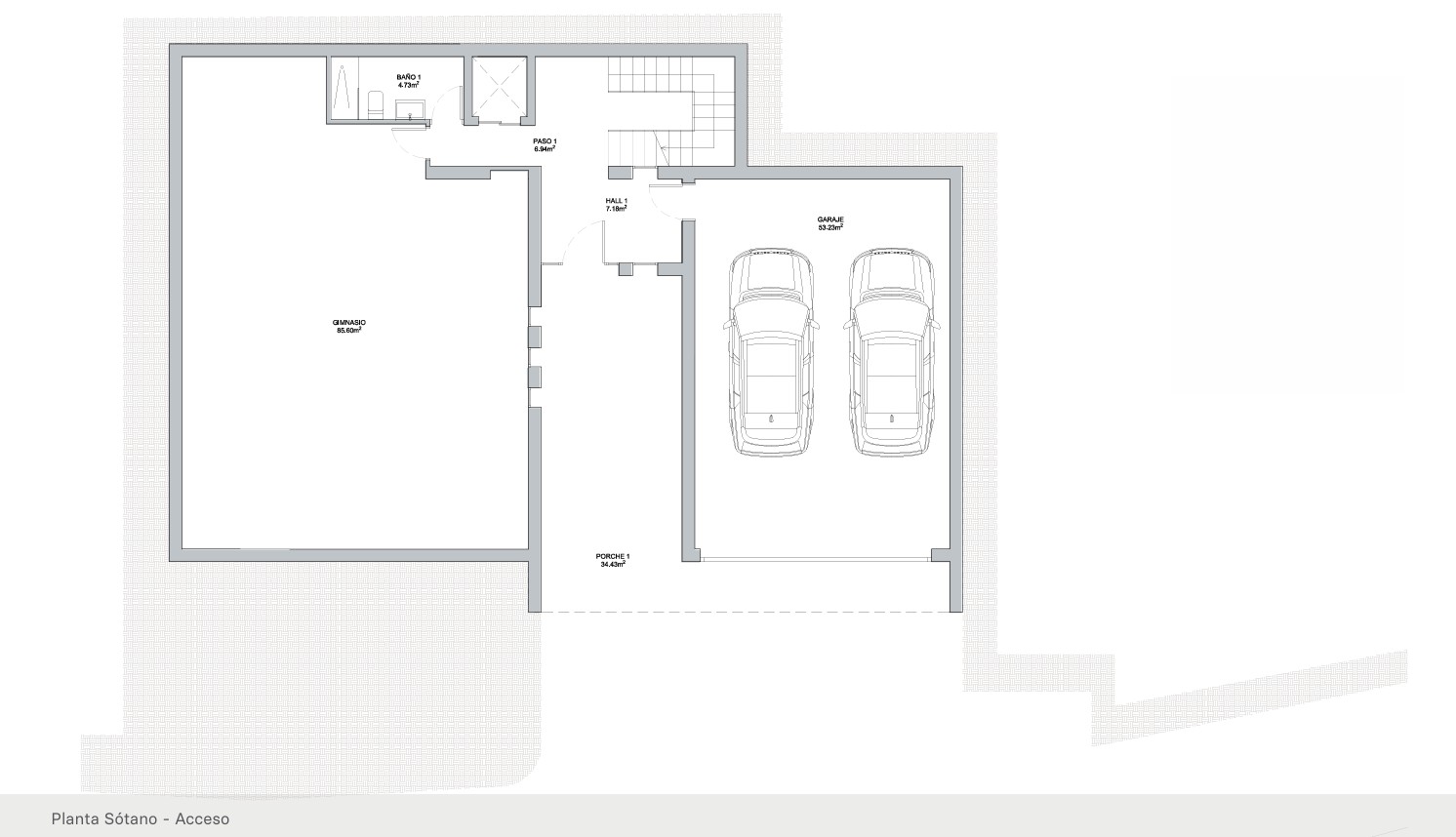 Technische plattegrond van de kelderverdieping met een dubbele garage, een ruime fitnessruimte van 85 m², badkamer en toegang via trap of lift.