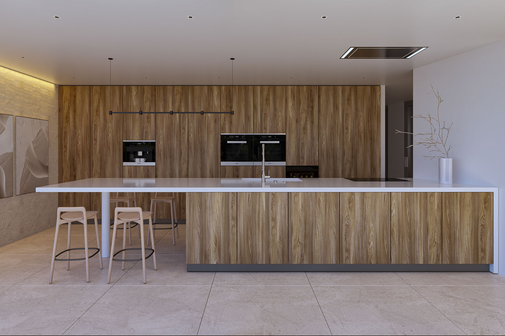 Designkeuken met een groot kookeiland, wit werkblad en natuurlijk houten kastenwand. Voorzien van geïntegreerde apparatuur en minimalistische houten krukken.