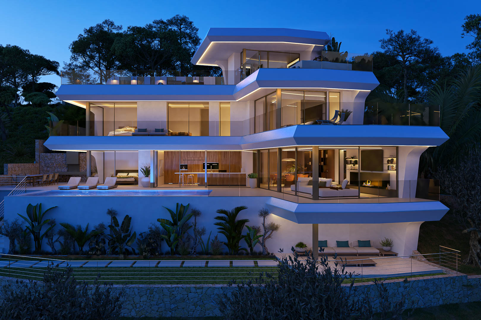 Eigentijdse villa met meerdere niveaus, uitkragende terrassen met LED-strips, een overloopzwembad en kamerhoge beglazing die binnen en buiten optimaal verbindt.