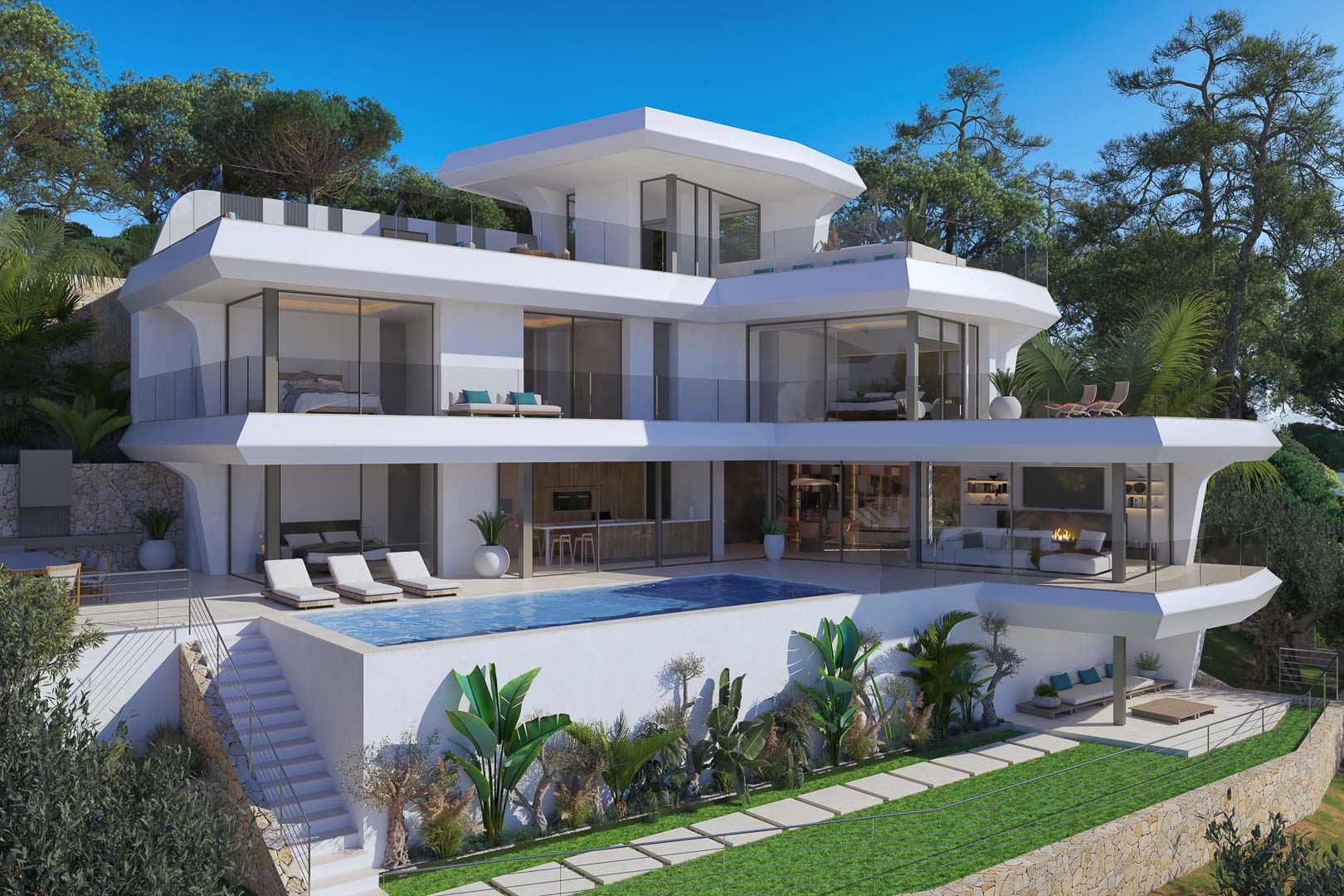 Moderne villa met drie niveaus, glazen puien, een overloopzwembad en terrassen in cascade, omgeven door een mediterrane tuin met natuurstenen muren.