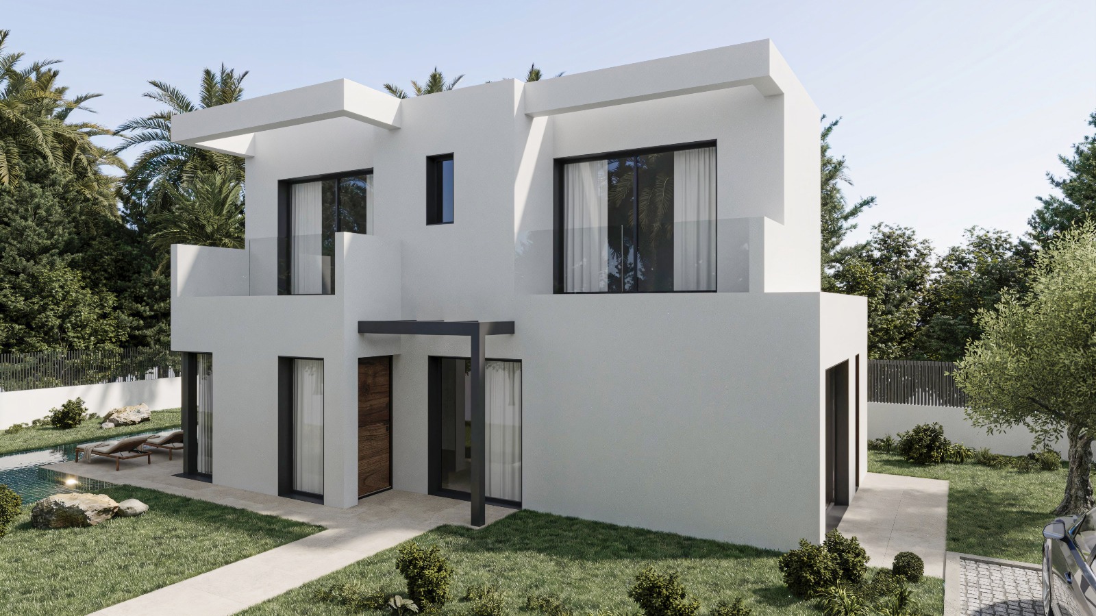 Exterieur van een moderne villa met twee verdiepingen, witte gevel, donkere kozijnen, glazen balustrades op de terrassen en een zwembad in een aangelegde tuin.