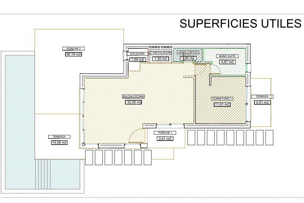 Gedetailleerde plattegrond van de begane grond met open woonkamer en keuken, slaapkamer met en-suite badkamer, en ruime terrassen en veranda's grenzend aan het zwembad.