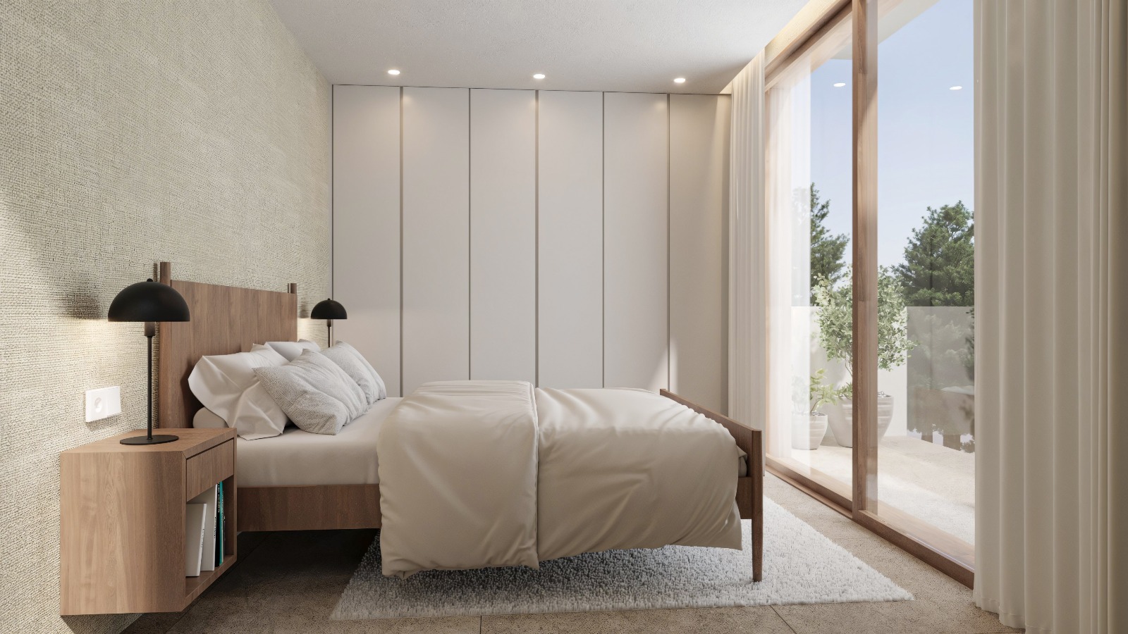 Moderne slaapkamer met kamerhoge inbouwkasten, een getextureerde accentmuur en grote glazen schuifdeuren die toegang bieden tot een privéterras.