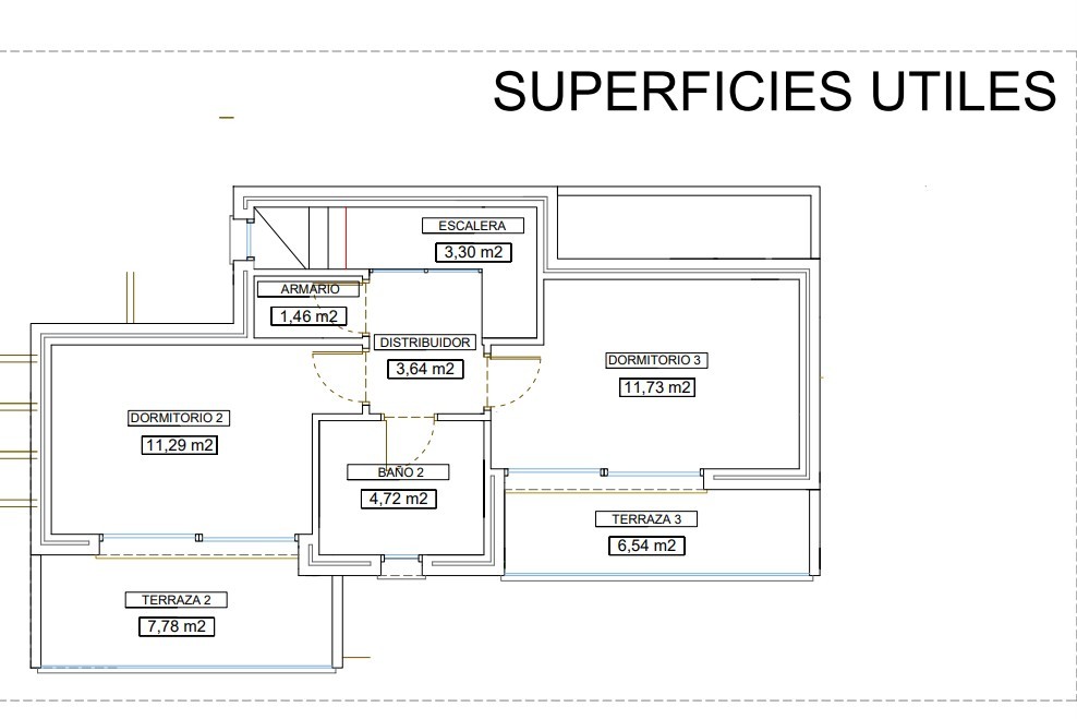 Plattegrond van de bovenverdieping met twee tweepersoonsslaapkamers met privéterrassen, een gedeelde badkamer en gedetailleerde gebruiksoppervlaktes.