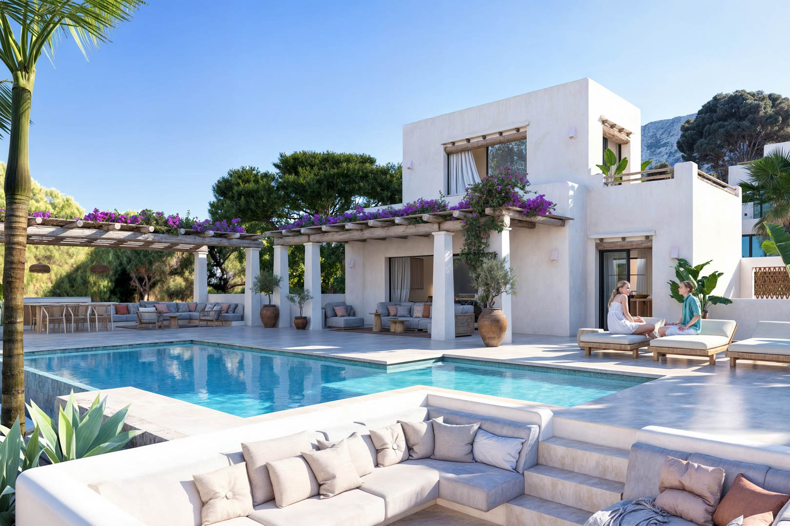 Zwembadzicht met bougainvillea-overdekte pergola en zithoek met ingebouwde banken.