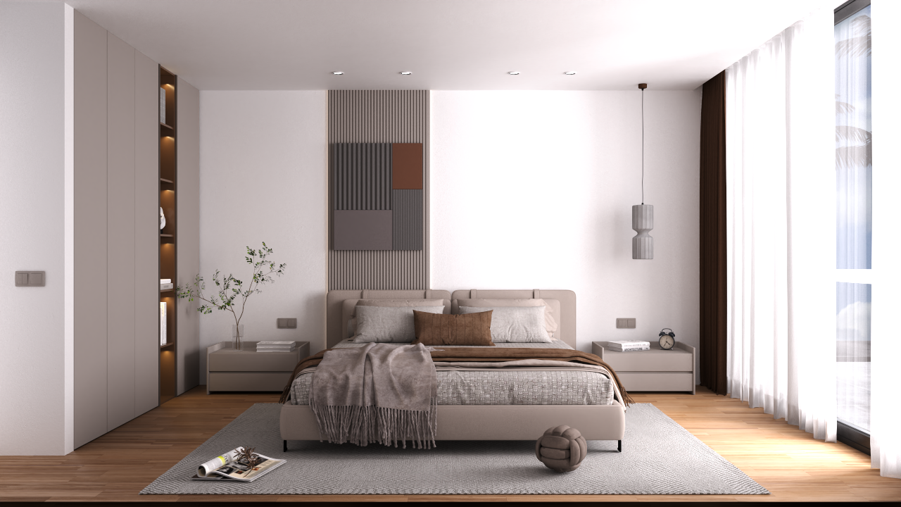 Eigentijdse slaapkamer met houten vloer, getextureerd wandpaneel en inbouwkasten met geïntegreerde LED-verlichting en grote raampartijen.