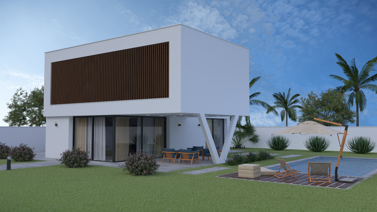 Exterieur van een moderne villa met witte gevel, houten lamellen en een overdekt terras. Voorzien van privézwembad, zonnedek en tuin met mediterrane beplanting.