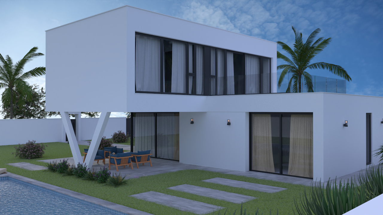 Exterieur van een moderne witte villa met uitkragende verdieping op V-kolommen, terras met glazen balustrade en privézwembad in een strak aangelegde tuin.