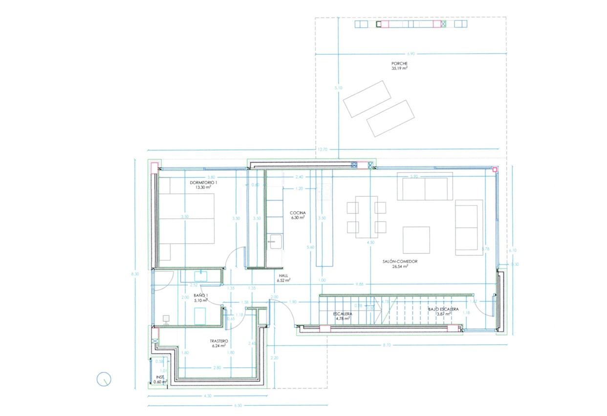 Gedetailleerde plattegrond van de begane grond van Model C, met een open woon-eetkamer, keuken, slaapkamer met badkamer en een ruim overdekt terras van 35 m².
