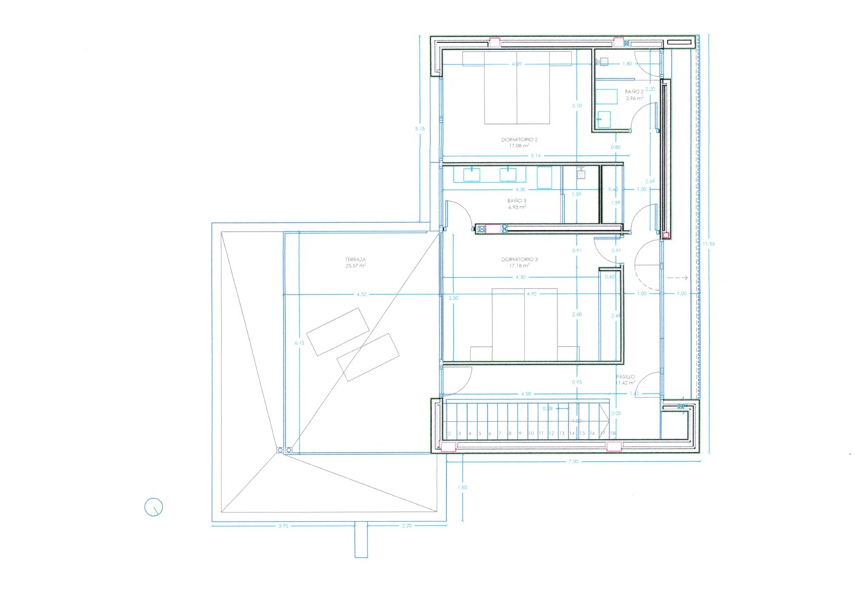 Gedetailleerde plattegrond van de bovenverdieping met twee tweepersoonsslaapkamers, en-suite badkamers en een terras van 25,57 m², ontworpen voor optimaal comfort.