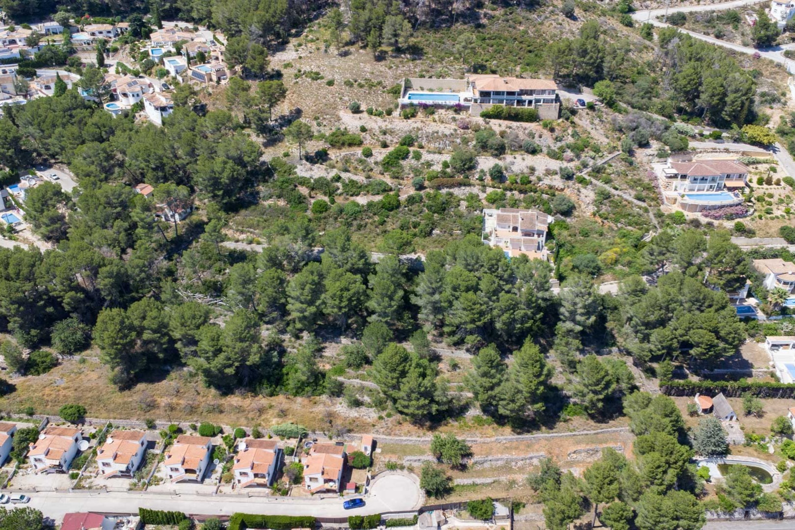 Luchtfoto van de hooggelegen locatie in Alcalalí, met terrasvormig terrein omgeven door pijnbomen en bestaande woningen in de Jalón-vallei.