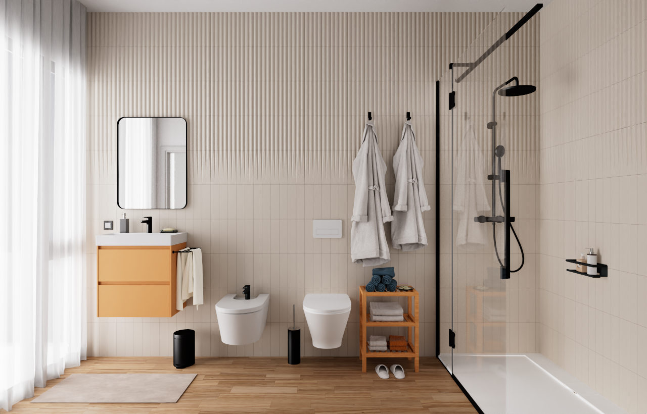 Moderne badkamer met inloopdouche, zwart kraanwerk en hangend sanitair. De wand is afgewerkt met verticale reliëftegels en een zwevend badkamermeubel in eikenlook.