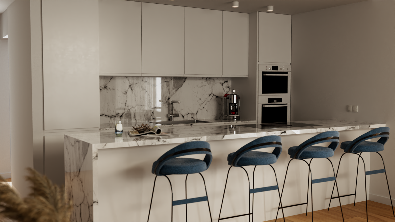 Moderne keuken met een eiland in marmerlook, inductiekookplaat en geïntegreerde ovens. Vier blauwe designbarkrukken sieren het aanrecht met een bijpassende stenen achterwand.
