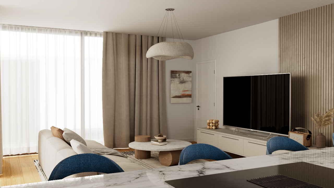Moderne open woonkamer met een decoratieve houten lattenwand, minimalistisch meubilair en grote raampartijen voor veel natuurlijk licht.