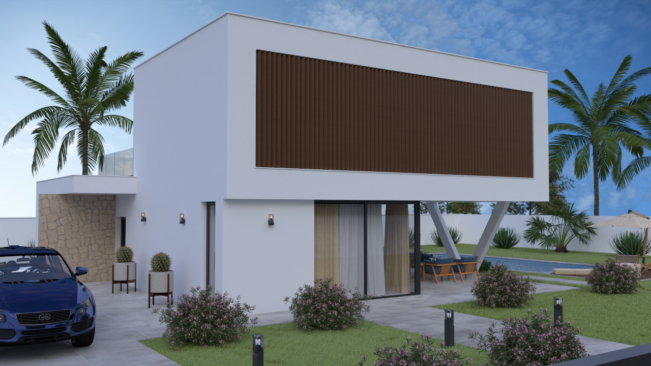 Moderne villa met twee verdiepingen, witte gevel met bruine lamellen, een overstekende bovenverdieping en een tuin met privézwembad.