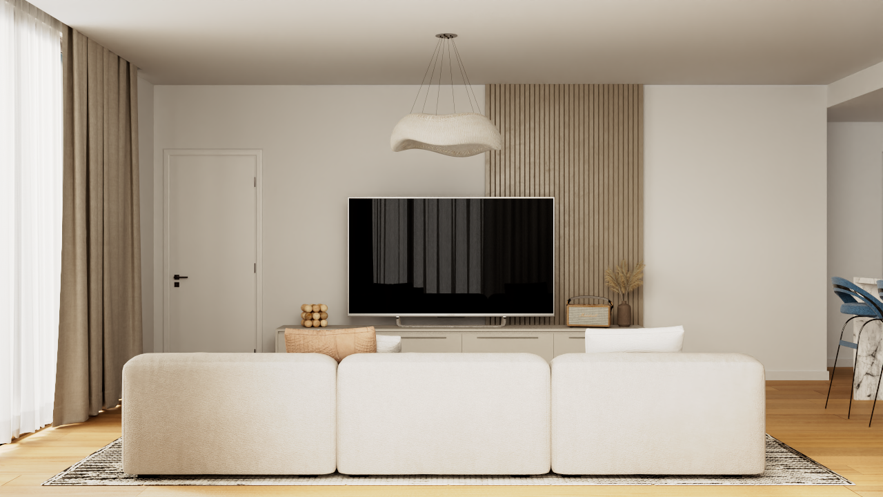 Moderne woonkamer met houten lattenwand, een lichte modulaire bank en een organisch gevormde design hanglamp.