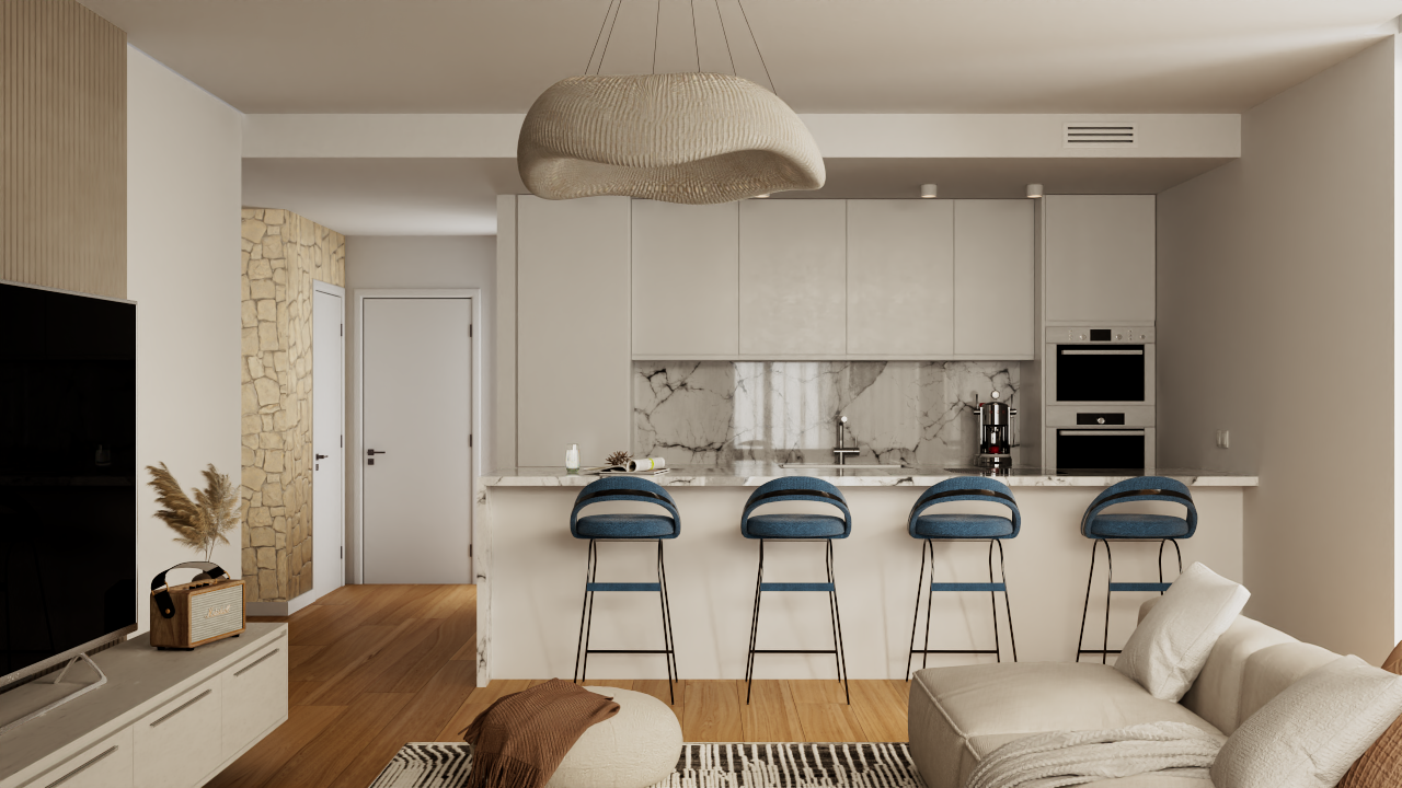 Open keuken met marmeren kookeiland, blauwe barkrukken en inbouwapparatuur, grenzend aan een woonkamer met houten vloeren en een natuurstenen accentmuur.