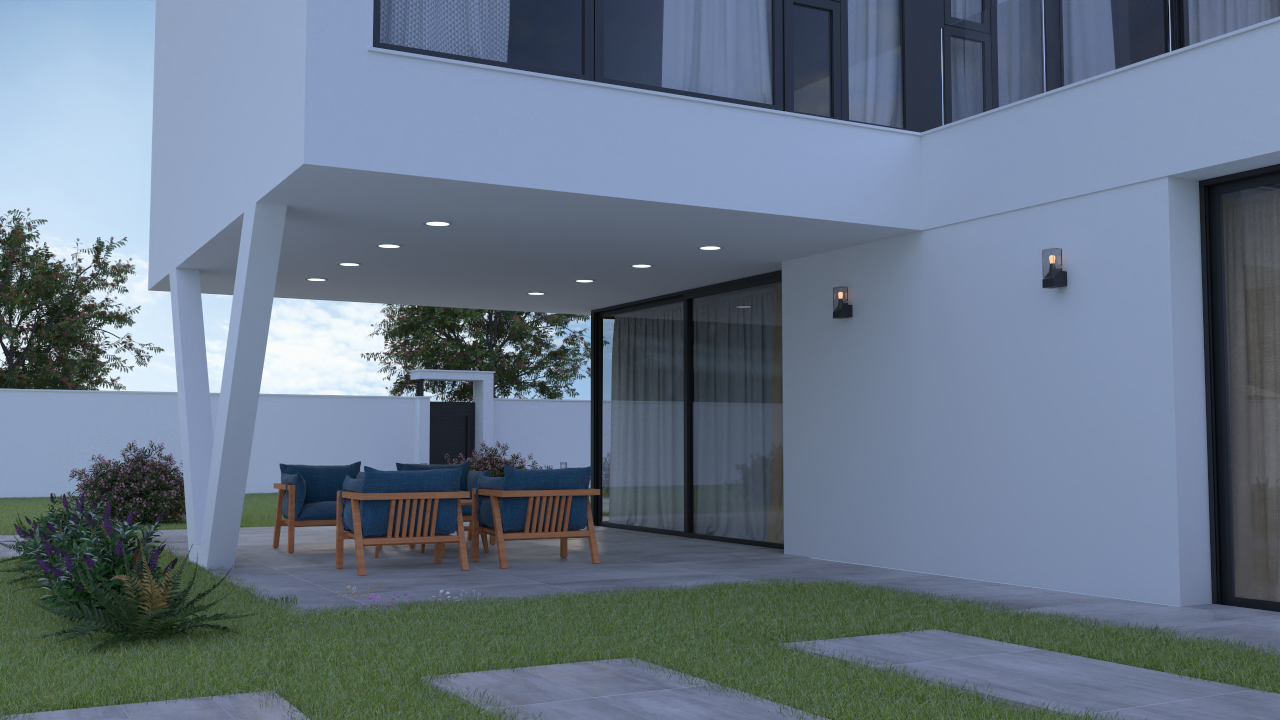 Overdekt terras onder de uitkragende bovenverdieping met inbouwspots, houten loungemeubilair en directe toegang via grote glazen schuifdeuren.