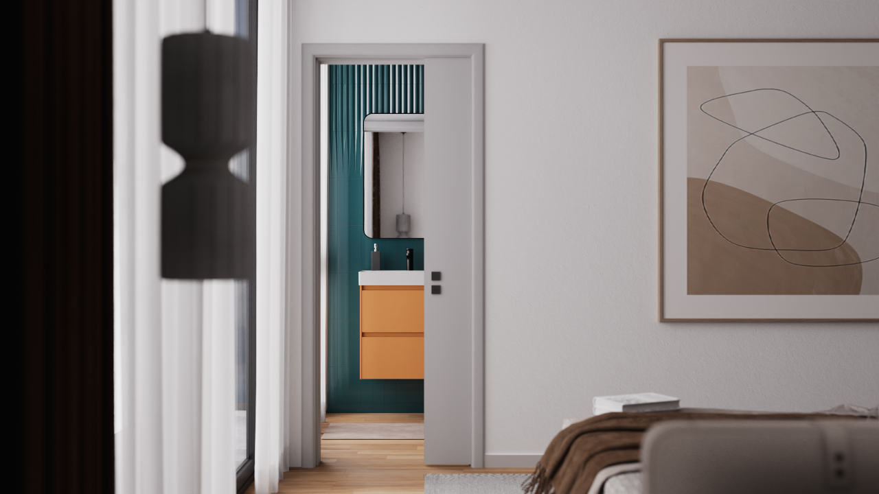 Zicht vanuit de slaapkamer op de en-suite badkamer met een schuifdeur, petrolblauwe geribbelde wandtegels en een modern mosterdgeel wastafelmeubel.
