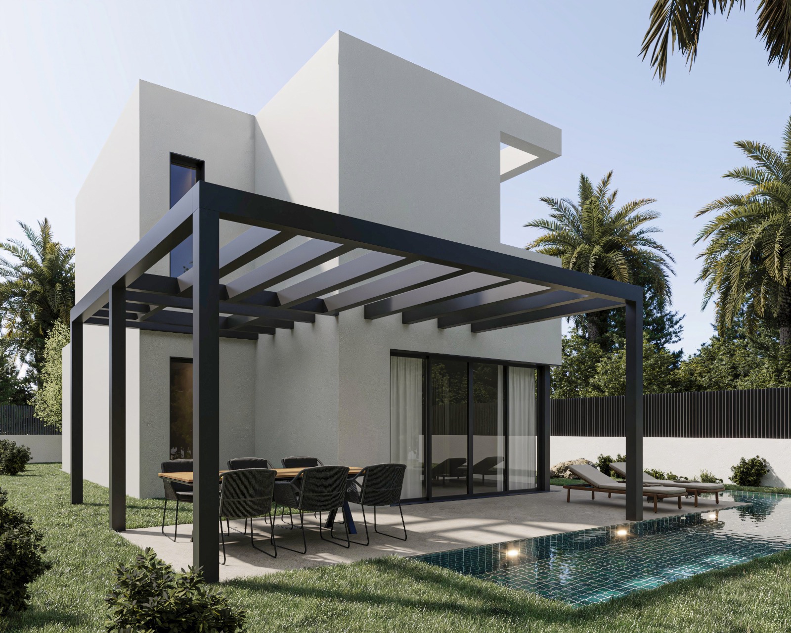 Exterieur van een moderne villa met zwarte metalen pergola, eethoek buiten en privézwembad met turquoise tegels en geïntegreerde verlichting.