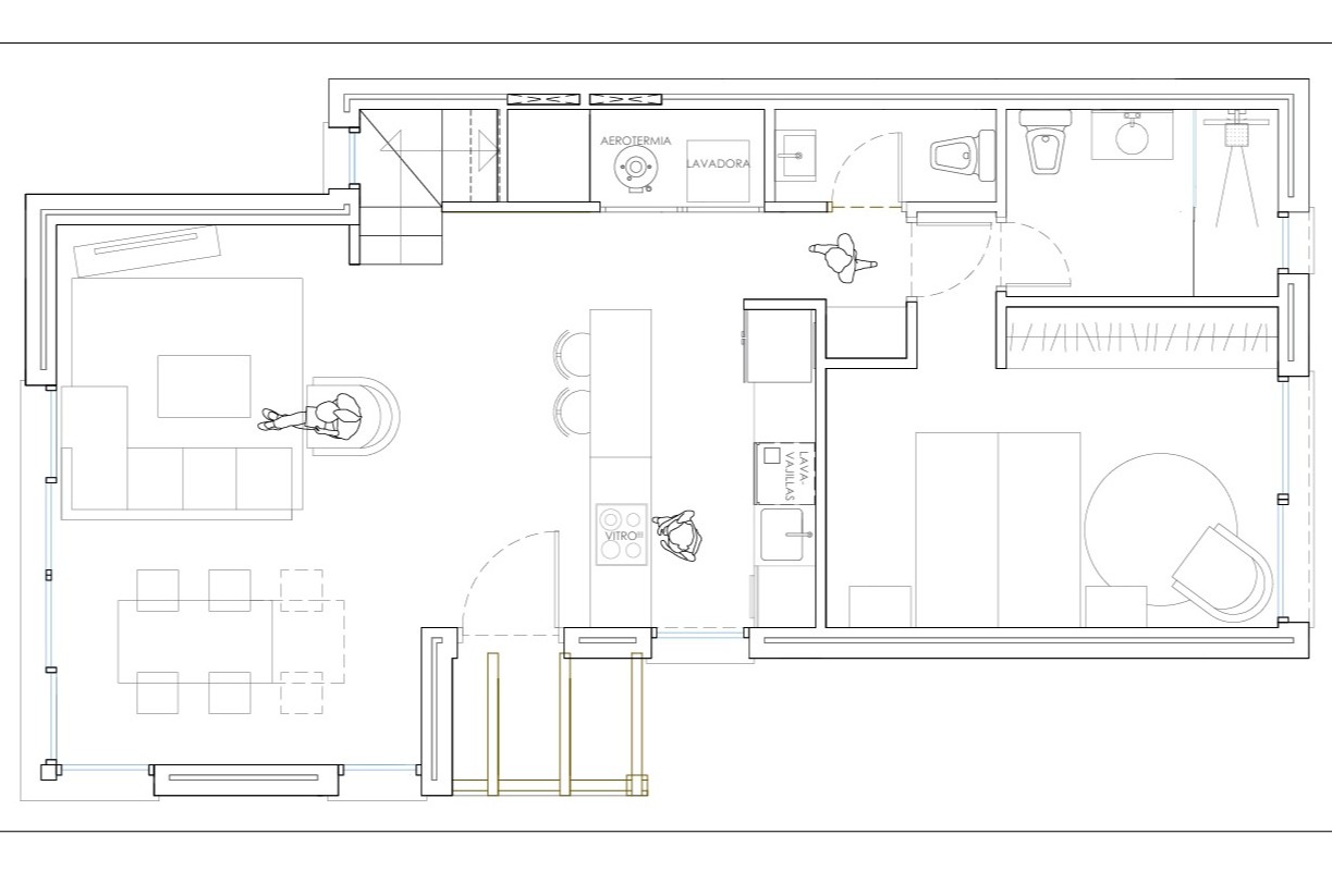 Gedetailleerde plattegrond van de begane grond met open leefruimte, kookeiland, technische ruimte voor aerothermie en een slaapkamer met en-suite badkamer.