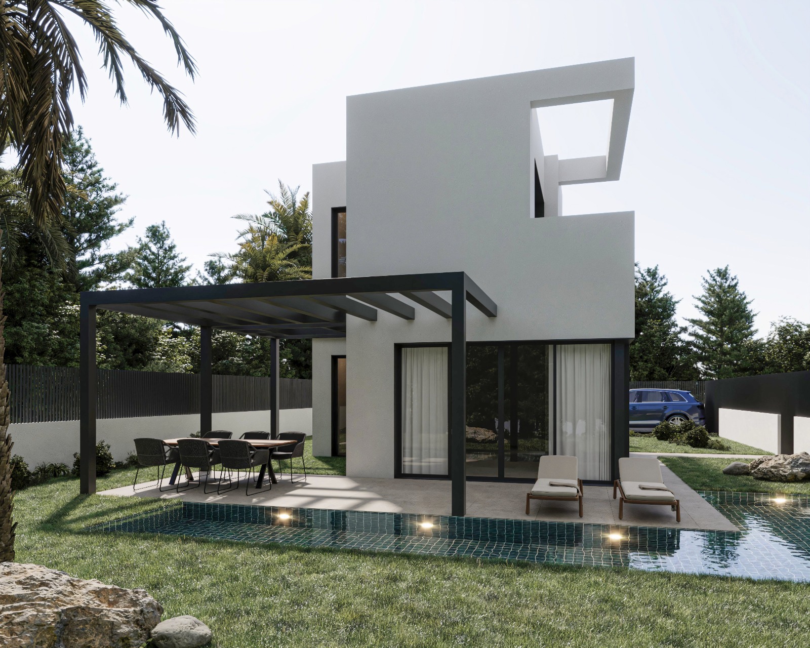 Moderne villa met twee verdiepingen, witte gevel, zwarte metalen pergola boven het terras en een privézwembad met groene tegels en verlichting.
