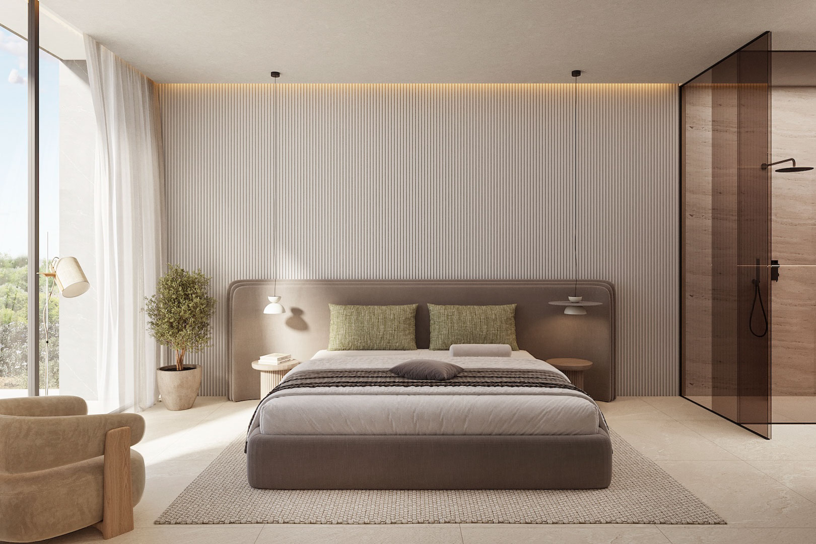 Hoofdslaapkamer met verticale wandpanelen, indirecte LED-verlichting en een geïntegreerde badkamer met een rookglazen douchewand.