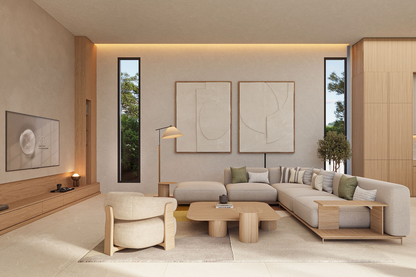 Minimalistische woonkamer met modulair meubilair, natuurlijke houten panelen en verticale raampartijen. Indirecte verlichting accentueert de wanddecoratie en het serene interieur.