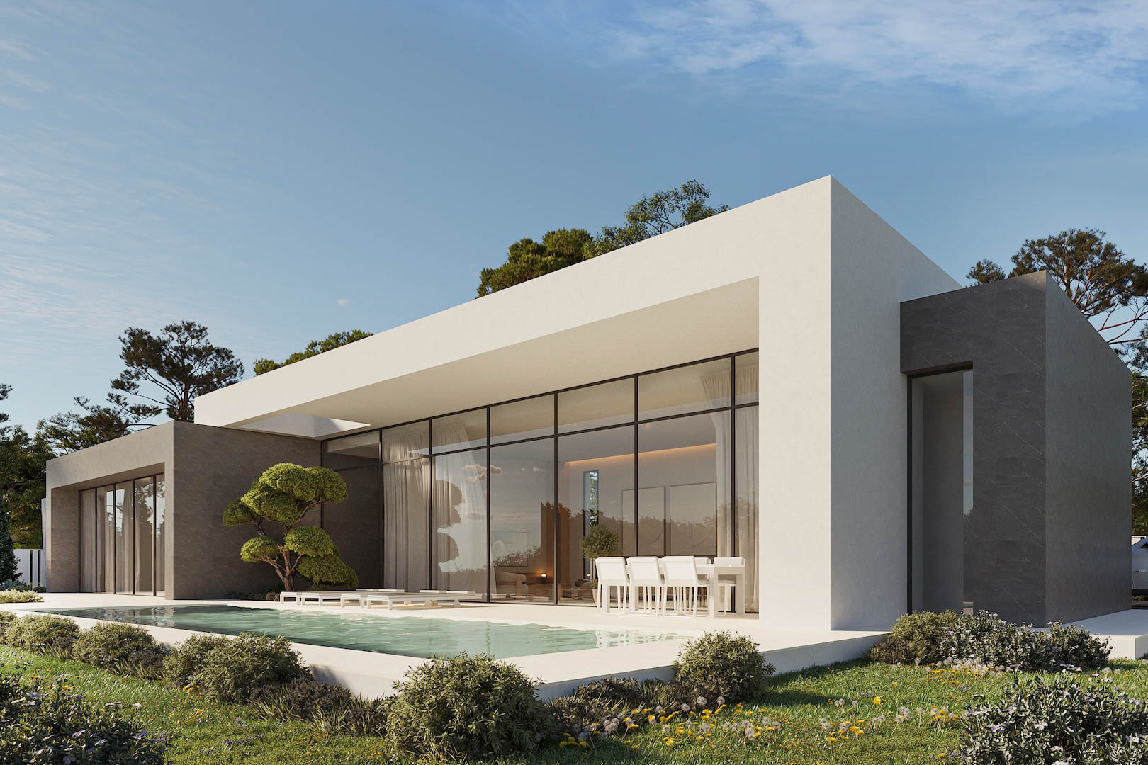 Moderne gelijkvloerse villa met kamerhoge glaspartijen, een rechthoekig zwembad en overdekt terras, uitgevoerd in wit stucwerk en grijze natuursteen.