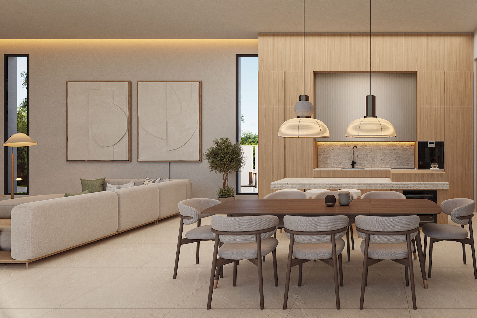 Open woon- en eetkamer met een donkerhouten tafel, design hanglampen en een minimalistische keuken met natuurlijke houten kasten en stenen werkblad.